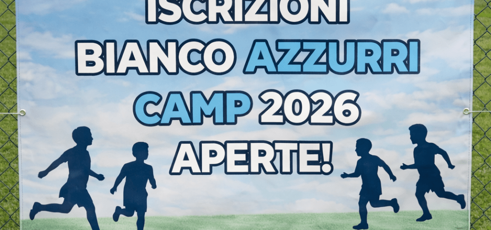 Banner on soccer field fence for Bianco Azzurri Camp 2026 registration with contact info